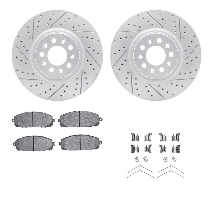2512-42048 Geoperformance Drilled/Slotted Rotors w/5000 Advanced Brake Pads Kit & Hardware, 2015-2020 Mopar, Position: Front