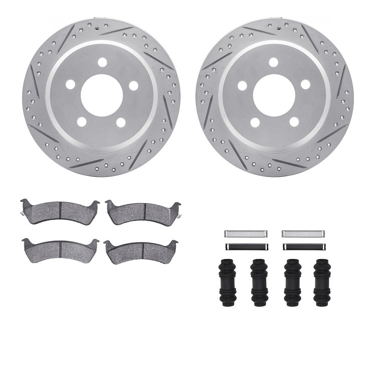 2512-42118 Geoperformance Drilled/Slotted Rotors w/5000 Advanced Brake Pads Kit & Hardware, 1993-1994 Mopar, Position: Rear