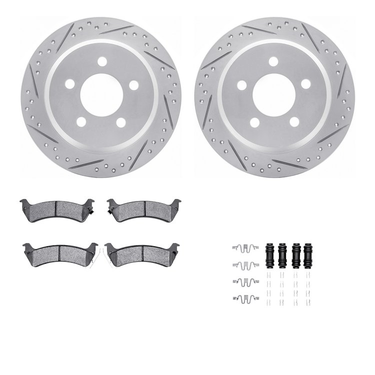 2512-42121 Geoperformance Drilled/Slotted Rotors w/5000 Advanced Brake Pads Kit & Hardware, 1993-1994 Mopar, Position: Rear