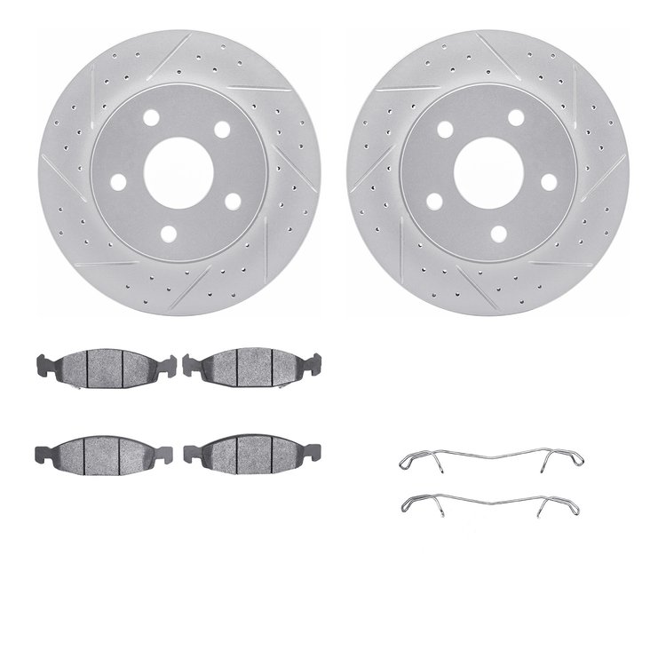 2512-42124 Geoperformance Drilled/Slotted Rotors w/5000 Advanced Brake Pads Kit & Hardware, 1999-2002 Mopar, Position: Front