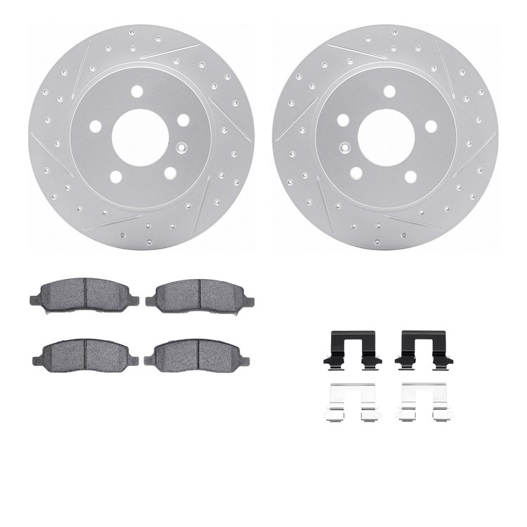 2512-45007 Geoperformance Drilled/Slotted Rotors w/5000 Advanced Brake Pads Kit & Hardware, 2006-2011 GM, Position: Rear
