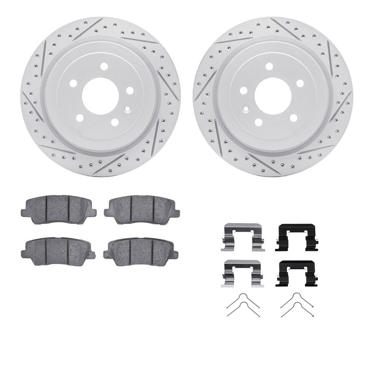2512-46020 Geoperformance Drilled/Slotted Rotors w/5000 Advanced Brake Pads Kit & Hardware, 2013-2019 GM, Position: Rear