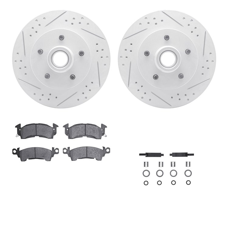 2512-47037 Geoperformance Drilled/Slotted Rotors w/5000 Advanced Brake Pads Kit & Hardware, 1969-1996 GM, Position: Front