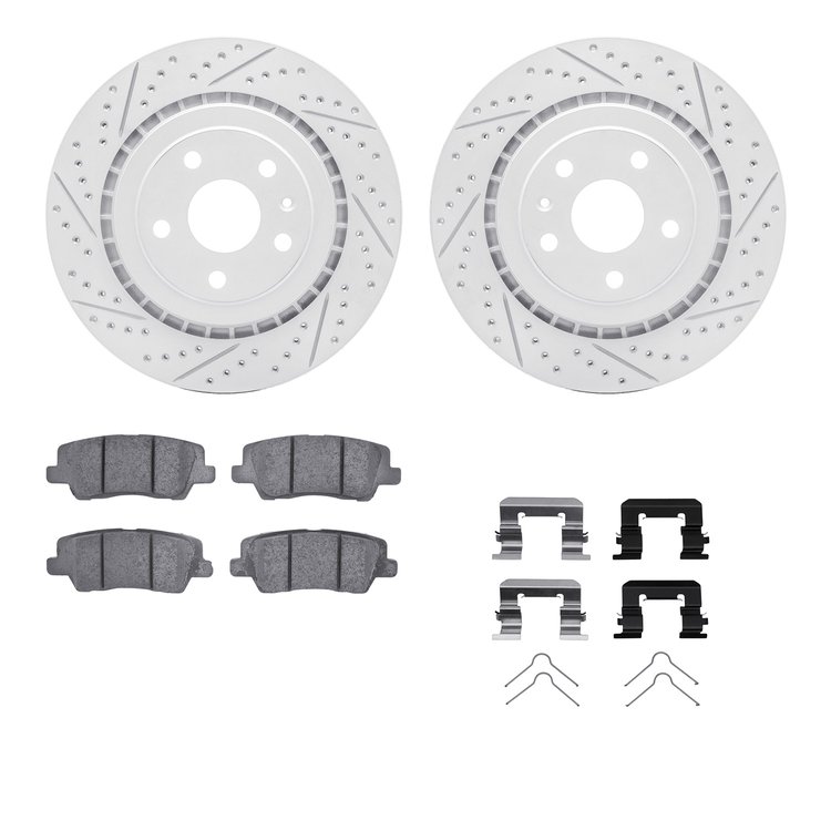 2512-47042 Geoperformance Drilled/Slotted Rotors w/5000 Advanced Brake Pads Kit & Hardware, 2015-2019 GM, Position: Rear
