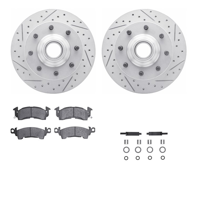 2512-48003 Geoperformance Drilled/Slotted Rotors w/5000 Advanced Brake Pads Kit & Hardware, 1971-1989 GM, Position: Front