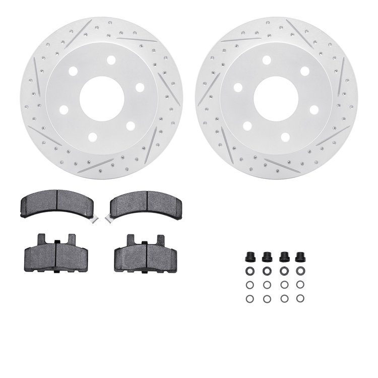 2512-48008 Geoperformance Drilled/Slotted Rotors w/5000 Advanced Brake Pads Kit & Hardware, 1988-2000 GM, Position: Front