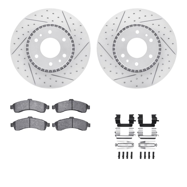 2512-48047 Geoperformance Drilled/Slotted Rotors w/5000 Advanced Brake Pads Kit & Hardware, 2002-2005 GM, Position: Front