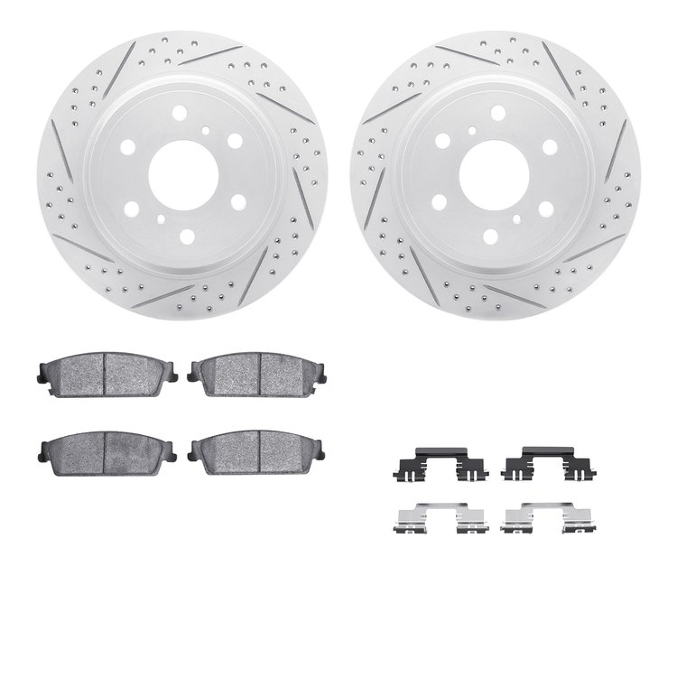2512-48062 Geoperformance Drilled/Slotted Rotors w/5000 Advanced Brake Pads Kit & Hardware, 2007-2014 GM, Position: Rear