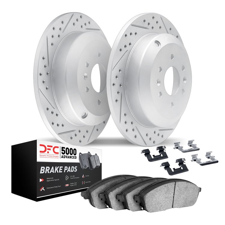 2512-49000 Geoperformance Drilled/Slotted Rotors w/5000 Advanced Brake Pads Kit & Hardware, 2011-2012 VPG, Position: Rear
