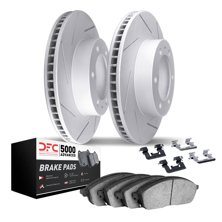 2512-49003 Geoperformance Slotted Brake Rotors w/5000 Advanced Brake Pads Kit & Hardware, 2011-2012 VPG, Position: Front