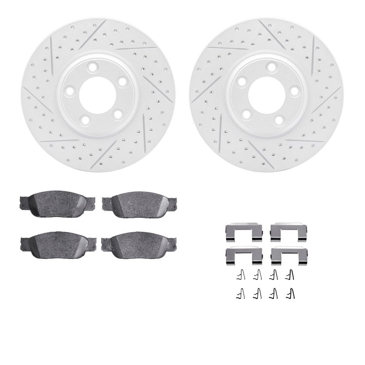 2512-54019 Geoperformance Drilled/Slotted Rotors w/5000 Advanced Brake Pads Kit & Hardware, 2000-2002 Jaguar, Position: Front