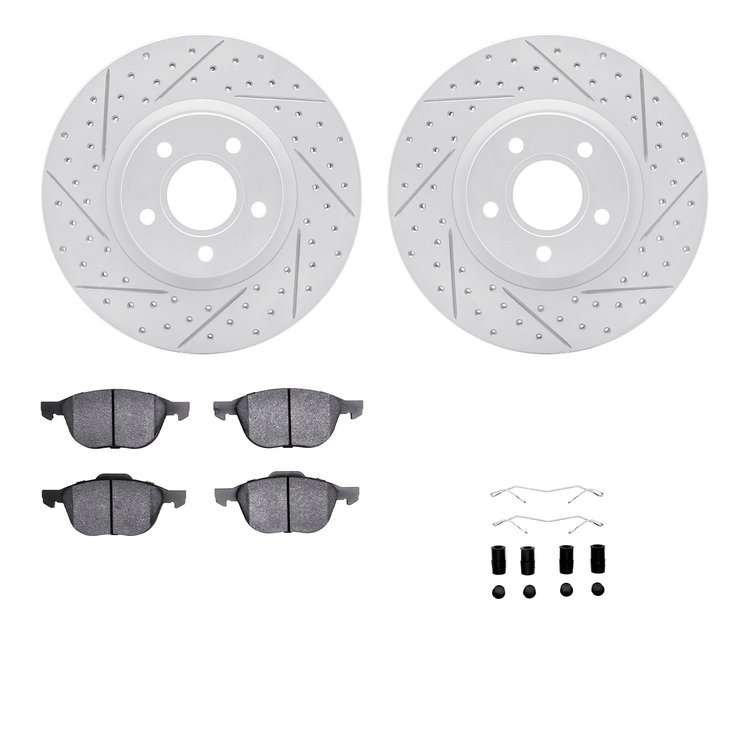 2512-54061 Geoperformance Drilled/Slotted Rotors w/5000 Advanced Brake Pads Kit & Hardware, 2004-2013 Volvo, Position: Front
