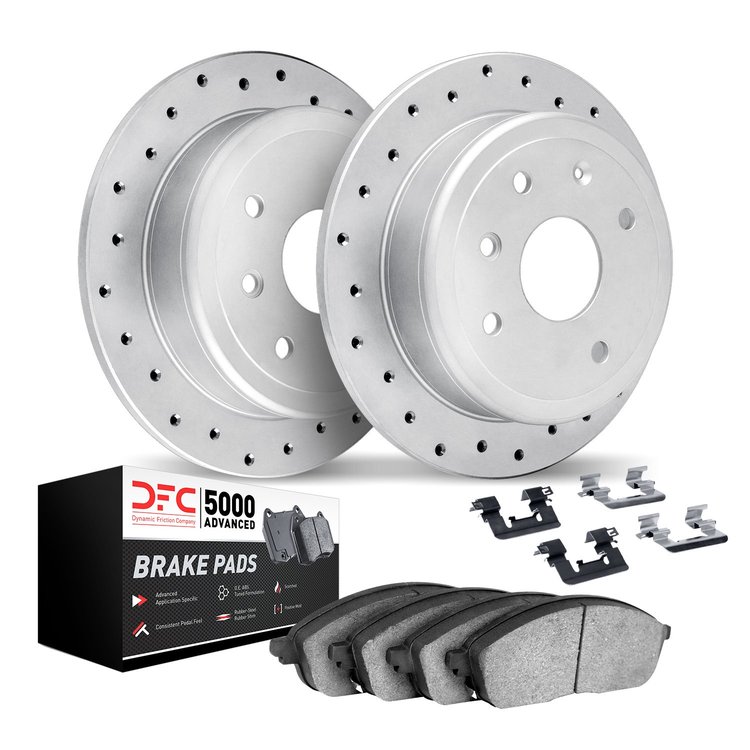 2512-54199 Geoperformance Drilled Brake Rotors w/5000 Advanced Brake Pads Kit & Hardware, 1992-1995 Ford/Lincoln/Mercury/Mazda,