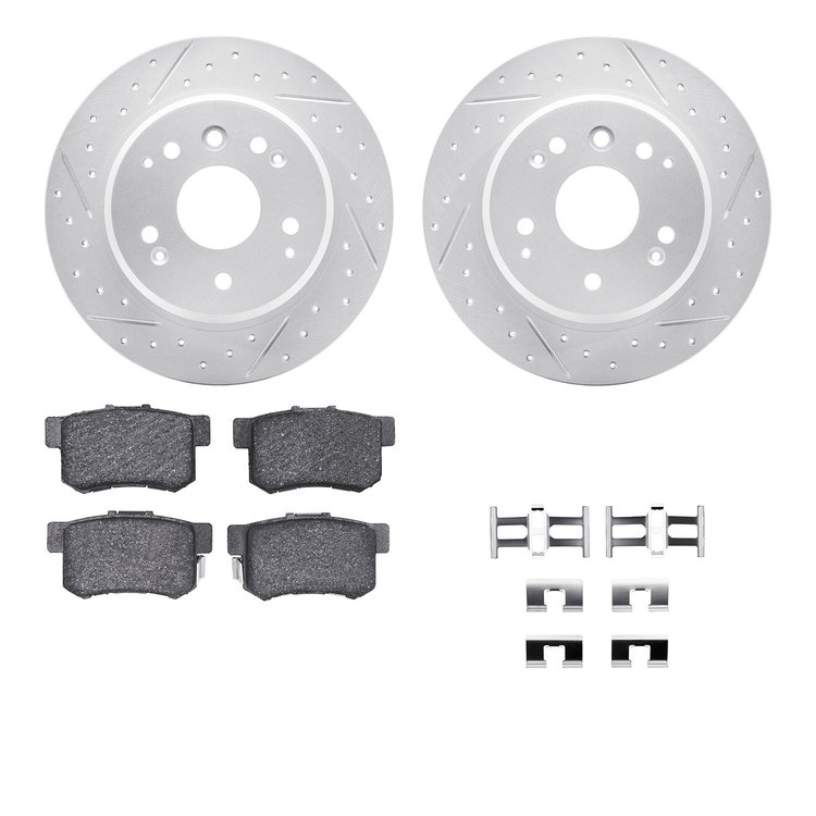2512-58007 Geoperformance Drilled/Slotted Rotors w/5000 Advanced Brake Pads Kit & Hardware, 2003-2011 Acura/Honda, Position: Rea