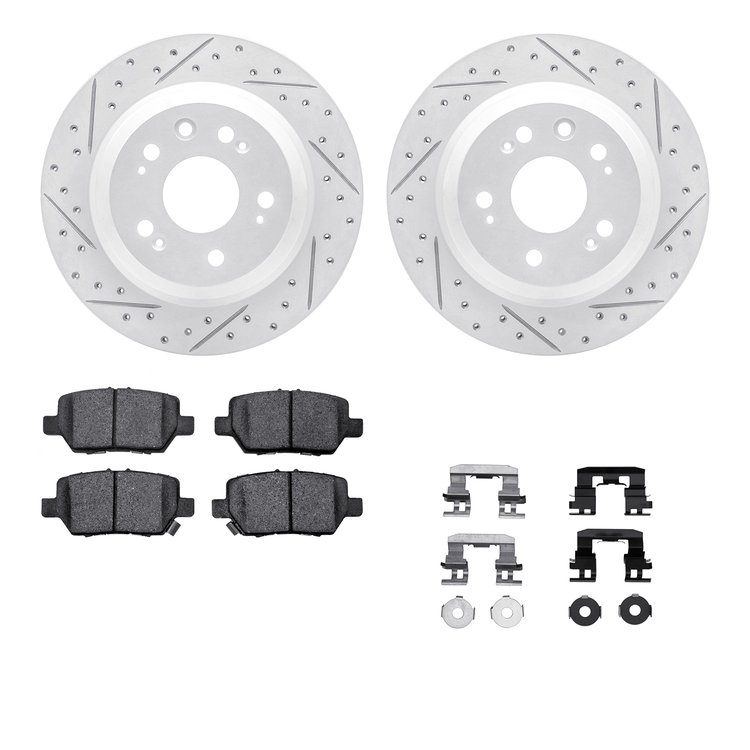 2512-58011 Geoperformance Drilled/Slotted Rotors w/5000 Advanced Brake Pads Kit & Hardware, 2005-2012 Acura/Honda, Position: Rea