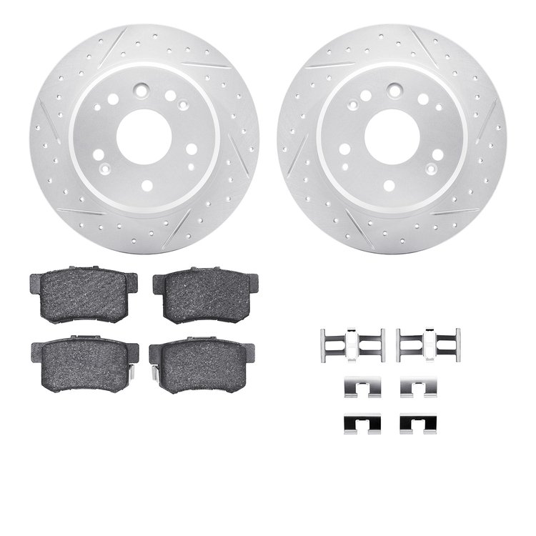 2512-58012 Geoperformance Drilled/Slotted Rotors w/5000 Advanced Brake Pads Kit & Hardware, 2004-2008 Acura/Honda, Position: Rea
