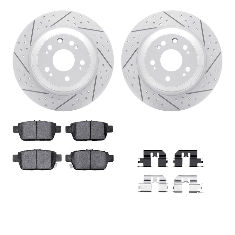 2512-58013 Geoperformance Drilled/Slotted Rotors w/5000 Advanced Brake Pads Kit & Hardware, 2009-2014 Acura/Honda, Position: Rea