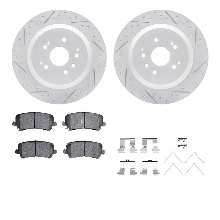 2512-58033 Geoperformance Drilled/Slotted Rotors w/5000 Advanced Brake Pads Kit & Hardware, 2014-2016 Acura/Honda, Position: Rea
