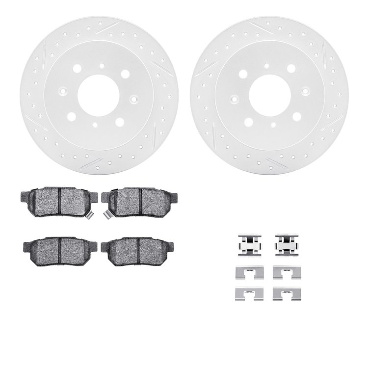 2512-59004 Geoperformance Drilled/Slotted Rotors w/5000 Advanced Brake Pads Kit & Hardware, 1989-1989 Acura/Honda, Position: Rea