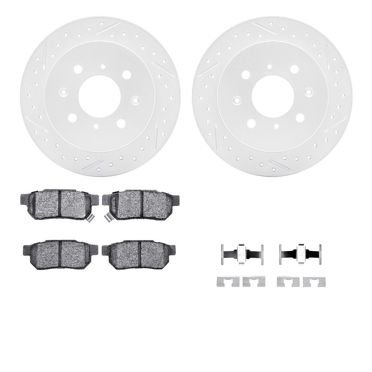 2512-59005 Geoperformance Drilled/Slotted Rotors w/5000 Advanced Brake Pads Kit & Hardware, 1988-2001 Acura/Honda, Position: Rea