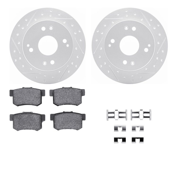2512-59017 Geoperformance Drilled/Slotted Rotors w/5000 Advanced Brake Pads Kit & Hardware, 1992-1997 Acura/Honda, Position: Rea
