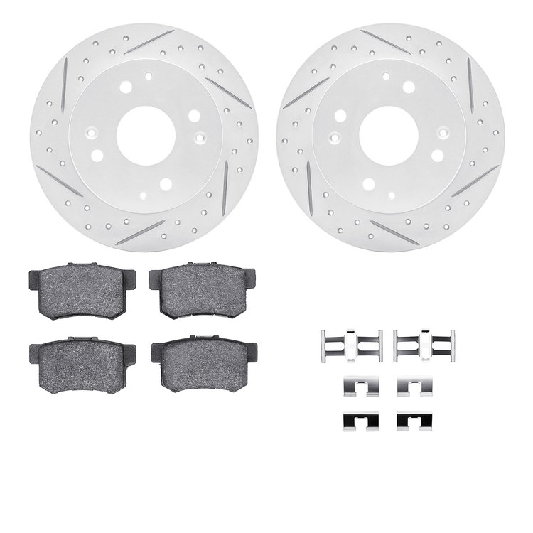 2512-59022 Geoperformance Drilled/Slotted Rotors w/5000 Advanced Brake Pads Kit & Hardware, 1998-2002 Acura/Honda, Position: Rea