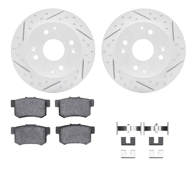 2512-59023 Geoperformance Drilled/Slotted Rotors w/5000 Advanced Brake Pads Kit & Hardware, 1998-1999 Acura/Honda, Position: Rea