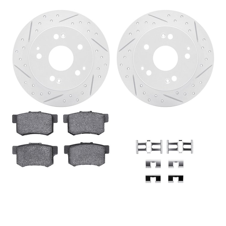 2512-59024 Geoperformance Drilled/Slotted Rotors w/5000 Advanced Brake Pads Kit & Hardware, 1997-2006 Acura/Honda, Position: Rea
