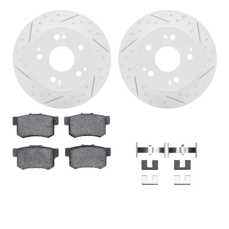 2512-59025 Geoperformance Drilled/Slotted Rotors w/5000 Advanced Brake Pads Kit & Hardware, 1998-2002 Acura/Honda, Position: Rea
