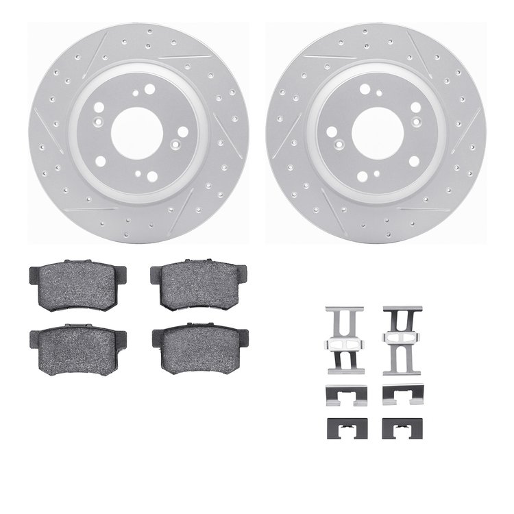 2512-59027 Geoperformance Drilled/Slotted Rotors w/5000 Advanced Brake Pads Kit & Hardware, 2000-2009 Acura/Honda, Position: Rea