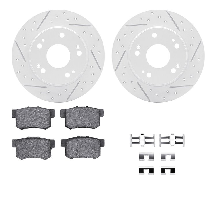 2512-59028 Geoperformance Drilled/Slotted Rotors w/5000 Advanced Brake Pads Kit & Hardware, 2003-2008 Acura/Honda, Position: Rea