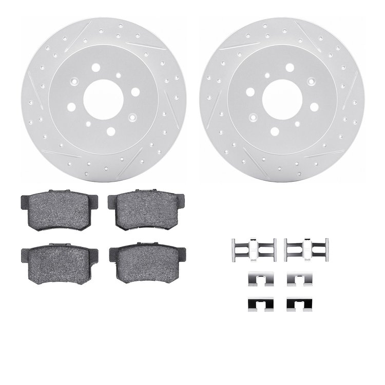 2512-59032 Geoperformance Drilled/Slotted Rotors w/5000 Advanced Brake Pads Kit & Hardware, 2001-2005 Acura/Honda, Position: Rea