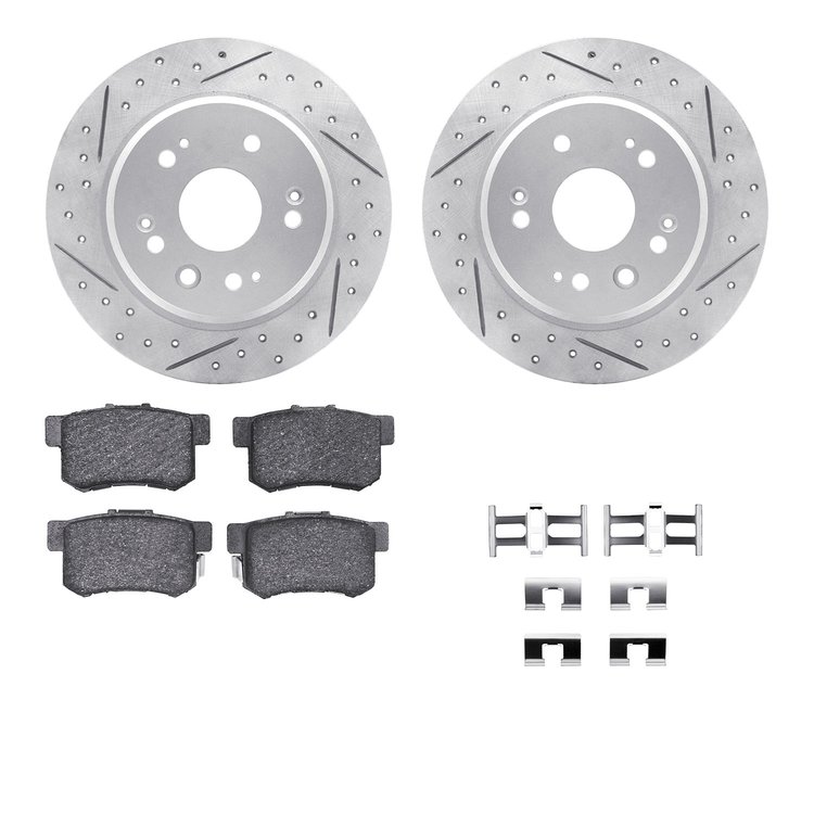 2512-59059 Geoperformance Drilled/Slotted Rotors w/5000 Advanced Brake Pads Kit & Hardware, 2002-2004 Acura/Honda, Position: Rea
