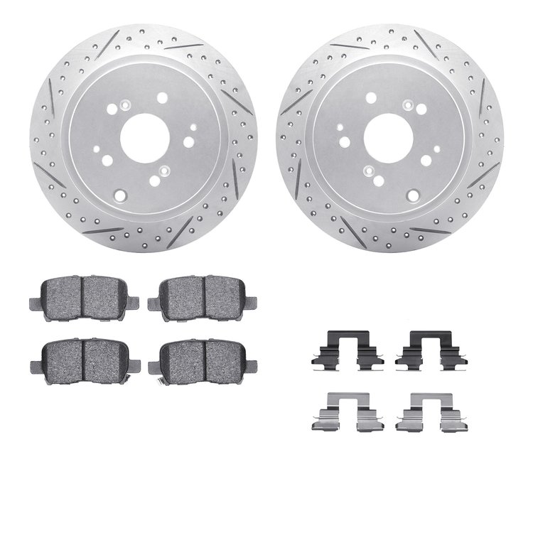 2512-59062 Geoperformance Drilled/Slotted Rotors w/5000 Advanced Brake Pads Kit & Hardware, 2001-2008 Acura/Honda, Position: Rea
