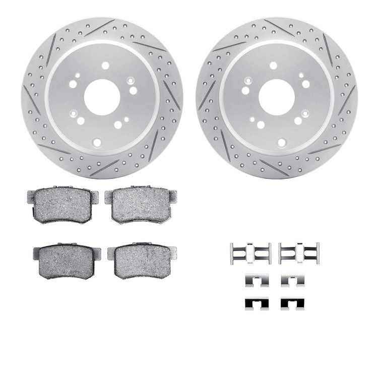 2512-59076 Geoperformance Drilled/Slotted Rotors w/5000 Advanced Brake Pads Kit & Hardware, 2005-2018 Acura/Honda, Position: Rea