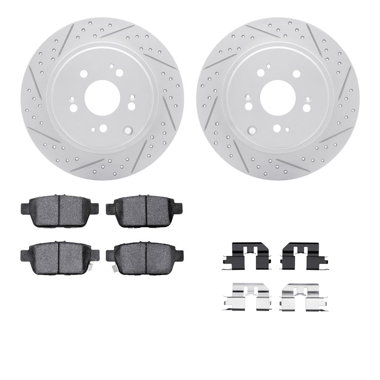 2512-59078 Geoperformance Drilled/Slotted Rotors w/5000 Advanced Brake Pads Kit & Hardware, 2006-2014 Acura/Honda, Position: Rea