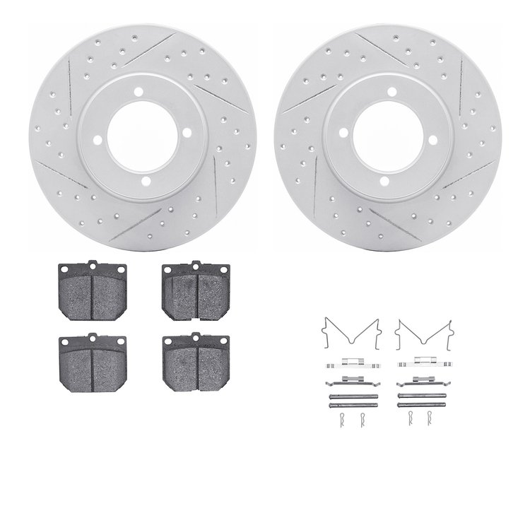 2512-67000 Geoperformance Drilled/Slotted Rotors w/5000 Advanced Brake Pads Kit & Hardware, 1970-1973 Infiniti/Nissan, Position: