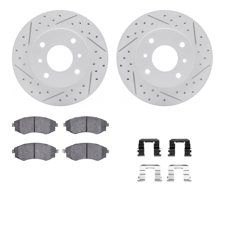 2512-67001 Geoperformance Drilled/Slotted Rotors w/5000 Advanced Brake Pads Kit & Hardware, 1989-1996 Infiniti/Nissan, Position: