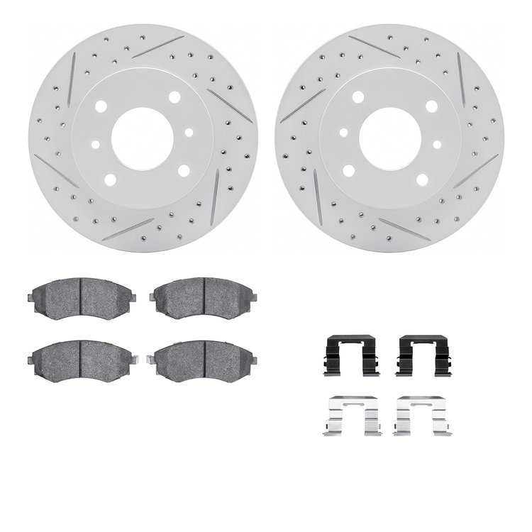 2512-67002 Geoperformance Drilled/Slotted Rotors w/5000 Advanced Brake Pads Kit & Hardware, 1997-2006 Infiniti/Nissan, Position: