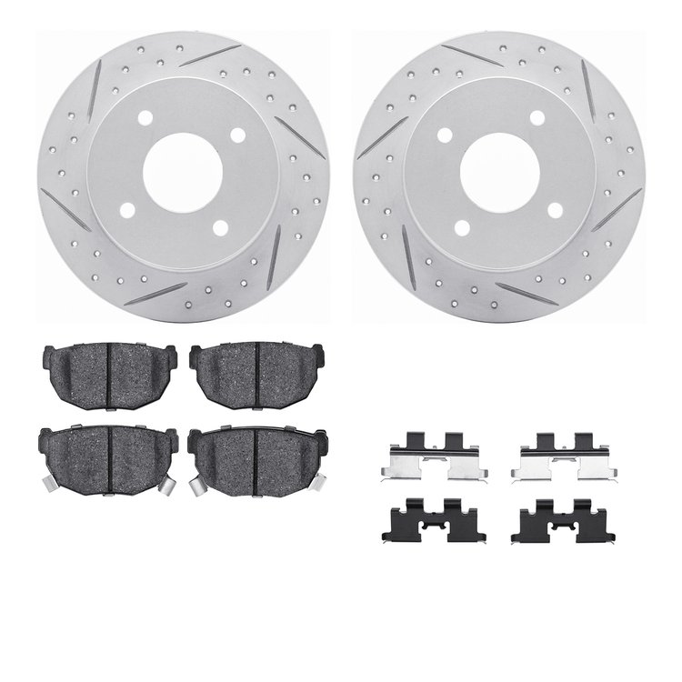 2512-67003 Geoperformance Drilled/Slotted Rotors w/5000 Advanced Brake Pads Kit & Hardware, 1989-1998 Infiniti/Nissan, Position: