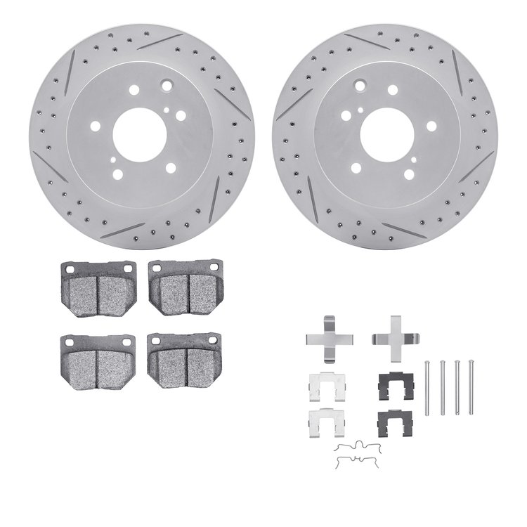 2512-67005 Geoperformance Drilled/Slotted Rotors w/5000 Advanced Brake Pads Kit & Hardware, 1989-1996 Infiniti/Nissan, Position: