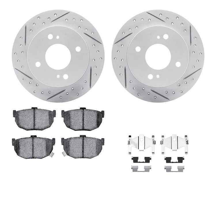 2512-67006 Geoperformance Drilled/Slotted Rotors w/5000 Advanced Brake Pads Kit & Hardware, 1990-1992 Infiniti/Nissan, Position: