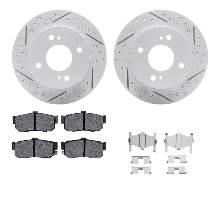 2512-67007 Geoperformance Drilled/Slotted Rotors w/5000 Advanced Brake Pads Kit & Hardware, 1991-2001 Infiniti/Nissan, Position: