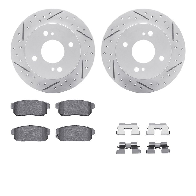 2512-67008 Geoperformance Drilled/Slotted Rotors w/5000 Advanced Brake Pads Kit & Hardware, 2000-2006 Infiniti/Nissan, Position: