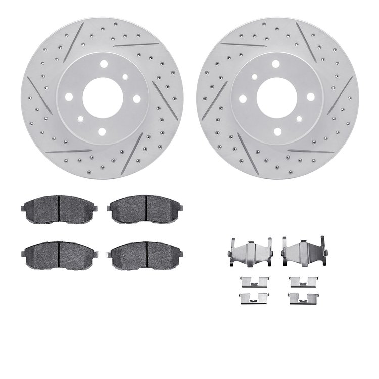 2512-67009 Geoperformance Drilled/Slotted Rotors w/5000 Advanced Brake Pads Kit & Hardware, 1993-2006 Infiniti/Nissan, Position:
