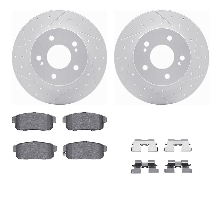 2512-67011 Geoperformance Drilled/Slotted Rotors w/5000 Advanced Brake Pads Kit & Hardware, 2000-2004 Infiniti/Nissan, Position: