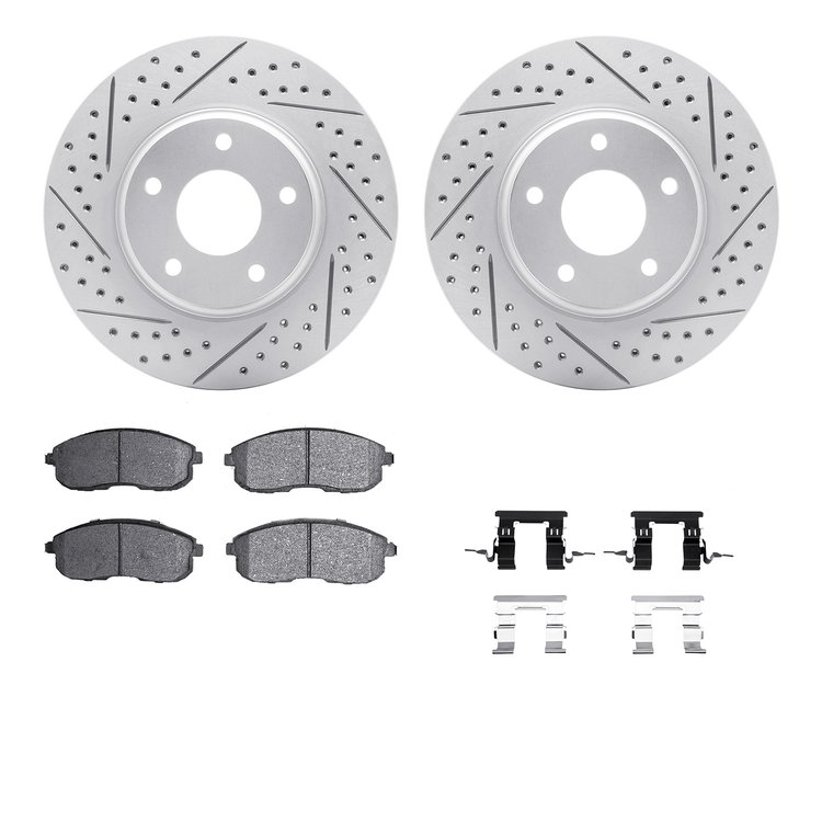 2512-67015 Geoperformance Drilled/Slotted Rotors w/5000 Advanced Brake Pads Kit & Hardware, 2002-2006 Infiniti/Nissan, Position: