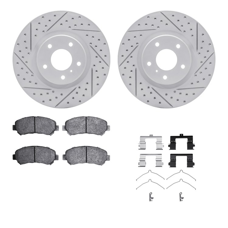 2512-67017 Geoperformance Drilled/Slotted Rotors w/5000 Advanced Brake Pads Kit & Hardware, 2009-2021 Infiniti/Nissan, Position: