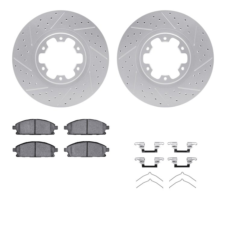 2512-67078 Geoperformance Drilled/Slotted Rotors w/5000 Advanced Brake Pads Kit & Hardware, 1998-2004 Infiniti/Nissan, Position: