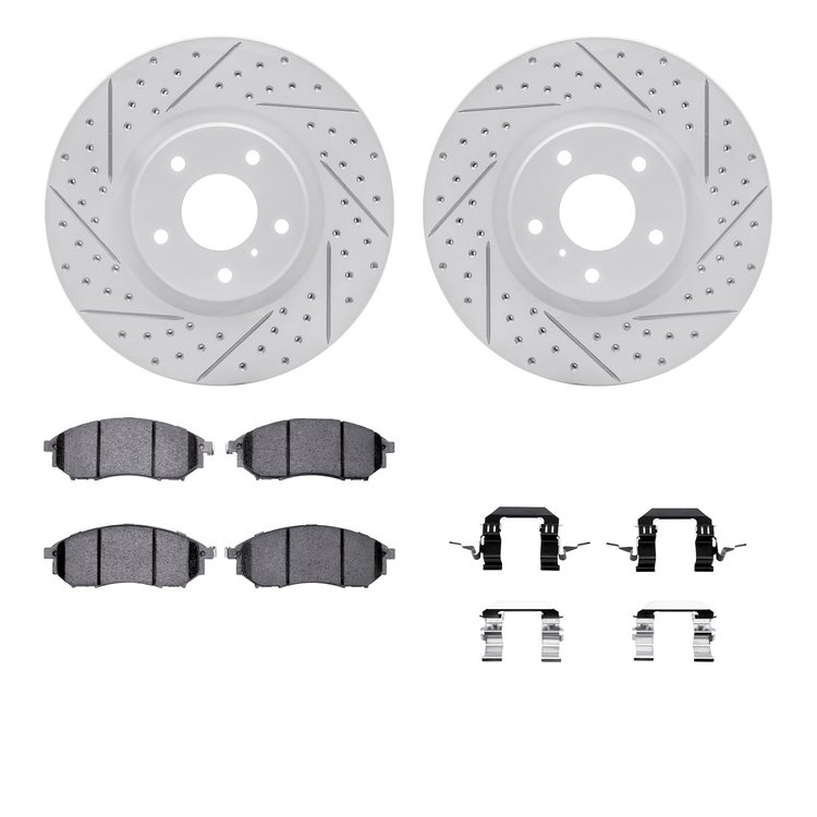 2512-67091 Geoperformance Drilled/Slotted Rotors w/5000 Advanced Brake Pads Kit & Hardware, 2005-2013 Infiniti/Nissan, Position: